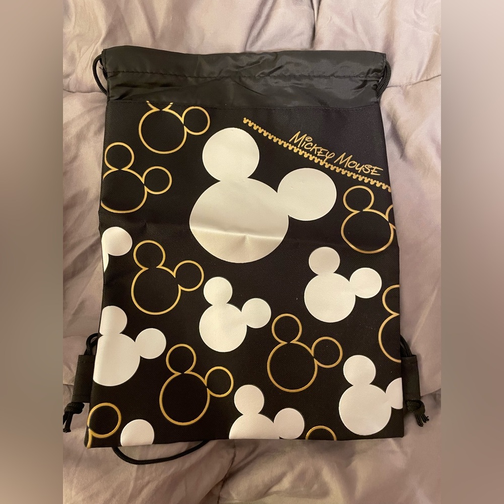 NWT! Black Gold & Silver Disney Mickey Mouse Drawstring Bag Park Backpack